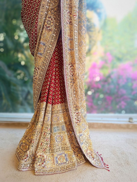 Marora Maroon Saree with Zari and Mirror Work