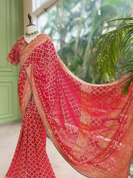 Trishna Red Georgette Silk Blend Saree With Bandhani & Banarasi Zari Work