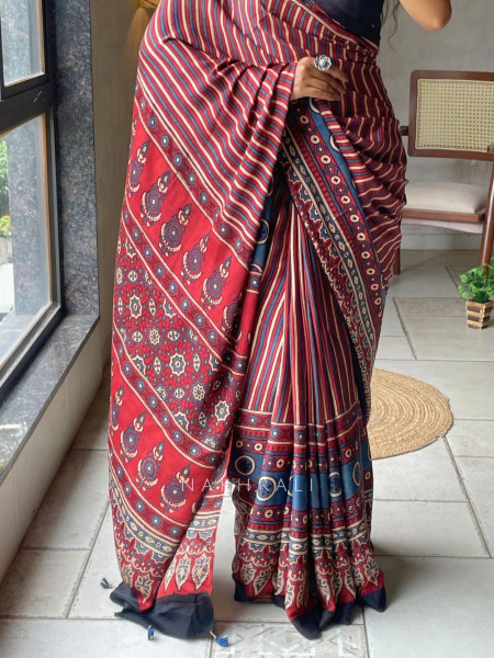 Vasudha Red Modal Silk Saree With Ajrakh Print