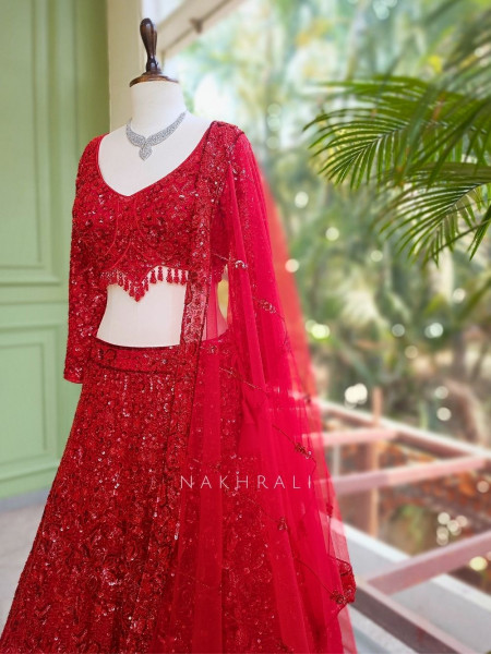 Kavika Red Net Lehenga with Sequin and Cut Dana Work
