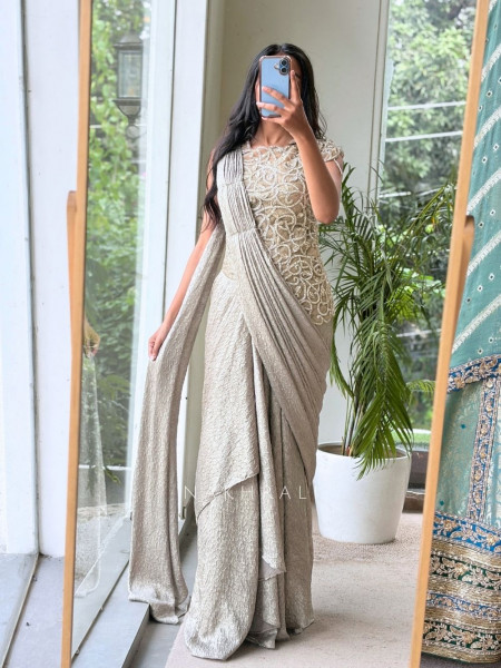 Ripple Beige Crushed Silk & Tulle Net Pre-Stitched Drape Saree