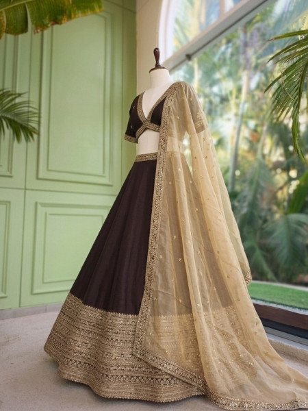 Zari-Crested Cocoa Brown Lehenga