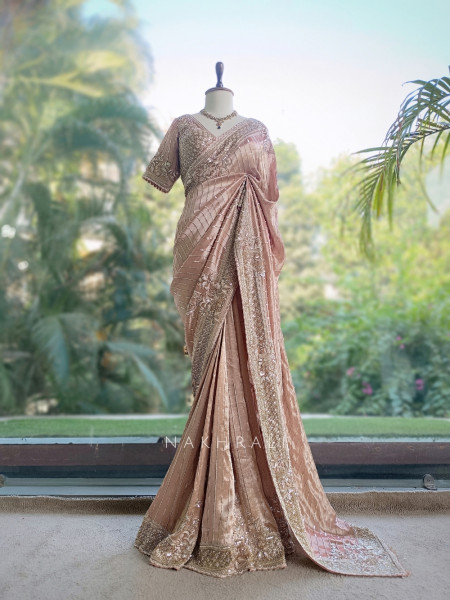 Serenique Peach Shimmer Silk Blend Saree