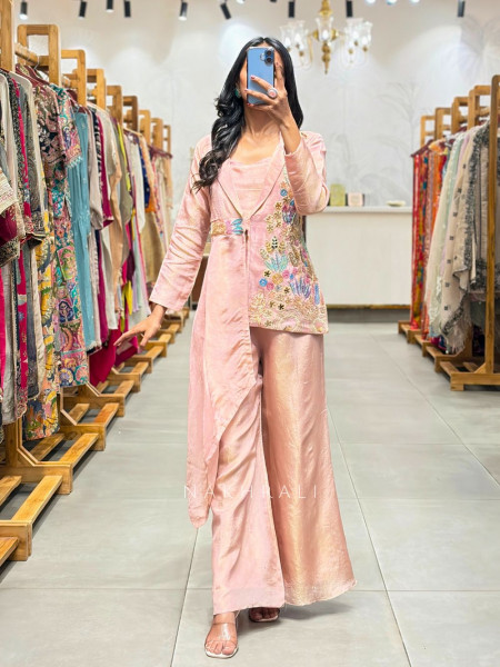Tivana Pink Jacket Set with Floral Embroidery