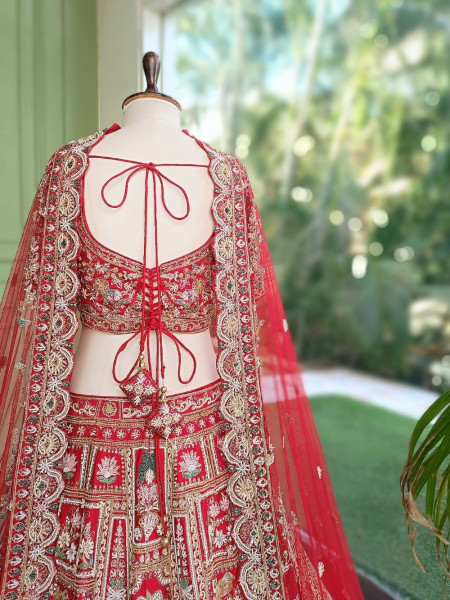 Shahi Vivah Bridal Red Raw Silk Bridal Lehenga Set With Zardozi, Pitta & Resham Work