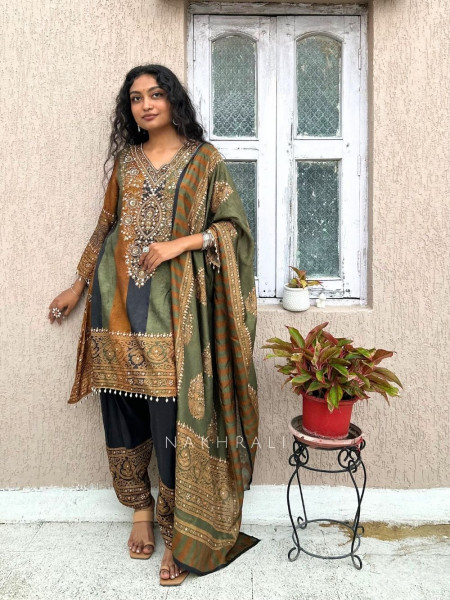 Aranya Rust-Olive Printed Silk Salwar Suit Set