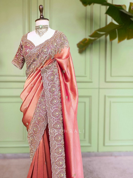Suhasani Wine Saree with Readymade Blouse and Sequin Bead Embroidery