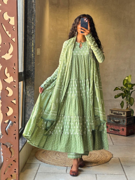 Mireya Green Cotton Anarkali Suit Set with Printed Design