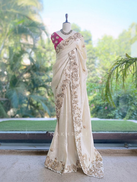 Dimensional Petal Cream Saree with Running Blouse Piece