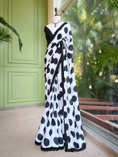 Kavika Black & White Polka Dot Georgette Saree with Lace Border