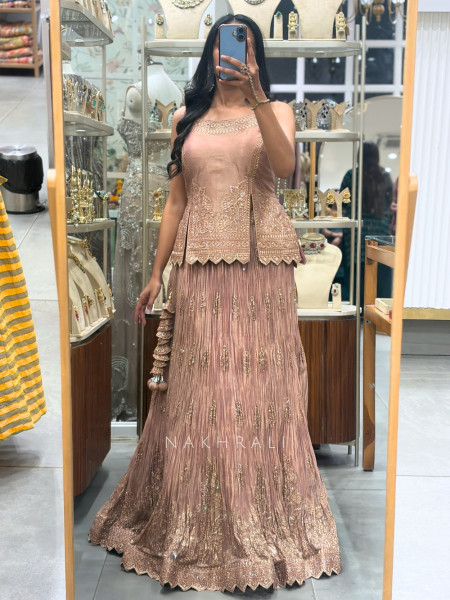 Cressida Peach Shimmer Tissue Indo-Western Lehenga