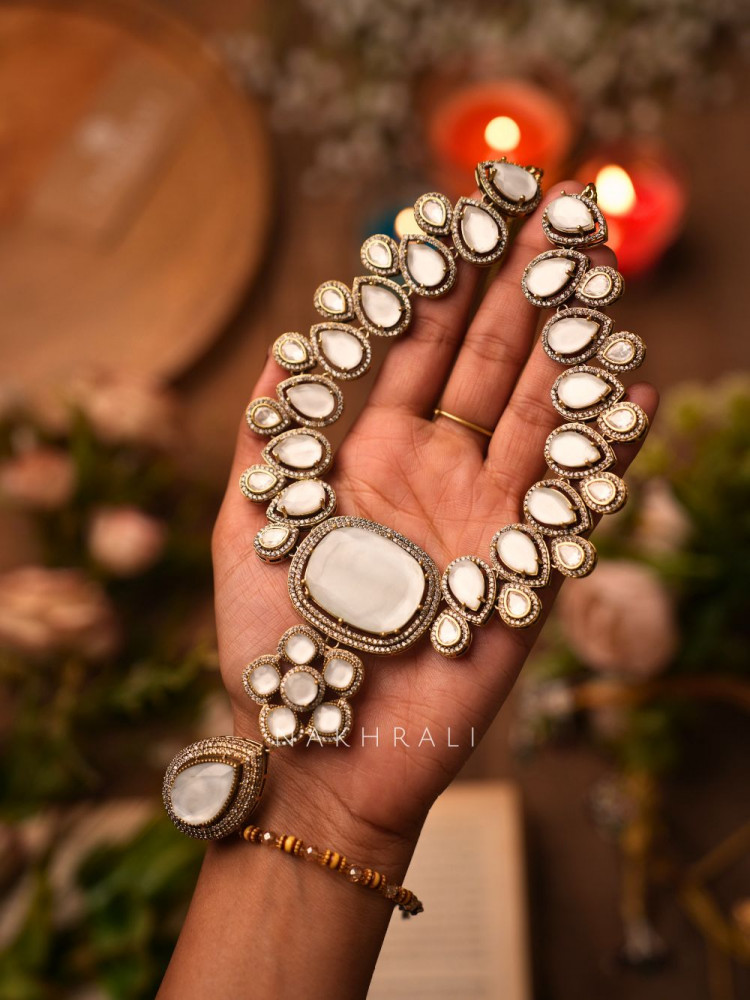 Image of Zara White Polki Statement Necklace Set with Teardrop Stones