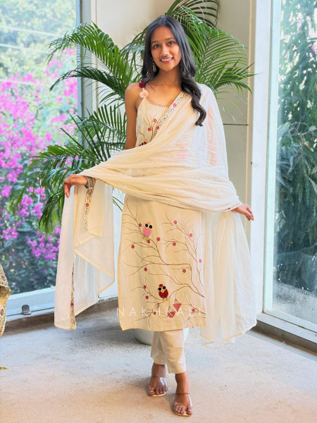 Rivya Cream Cotton Suit Set with Nature Embroidery