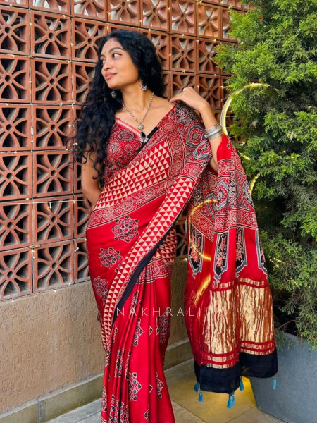 Naqsh Red Ajrakh Print Modal Saree