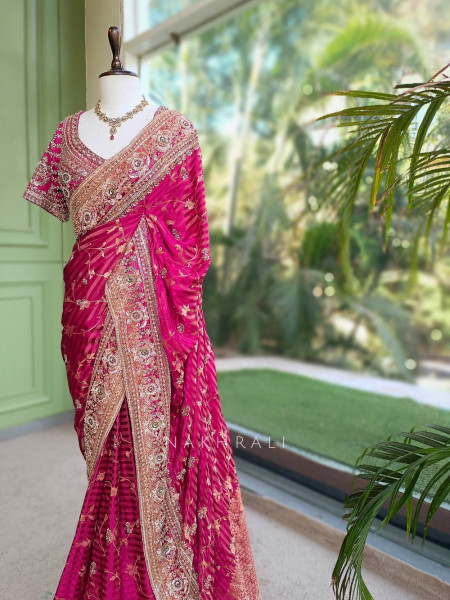 Kaanch-Kaseeda Magenta Saree with Readymade Blouse