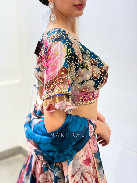 Marjaan Multicolor Organza Silk Floral Printed Lehenga with Zardozi, Cutdana & Sequin Work