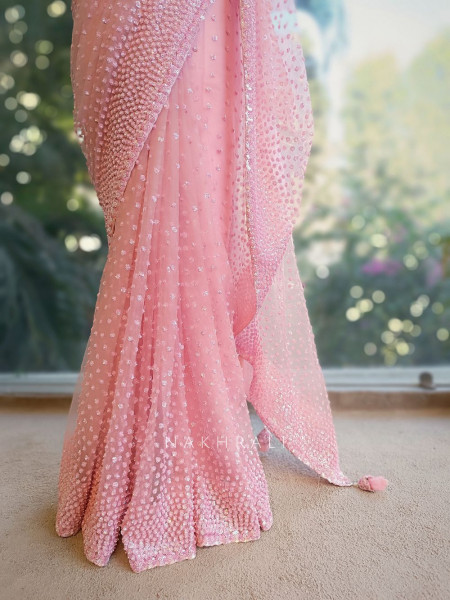 Chandelier Pink Net Saree with Sequin and Cut Dana Blouse