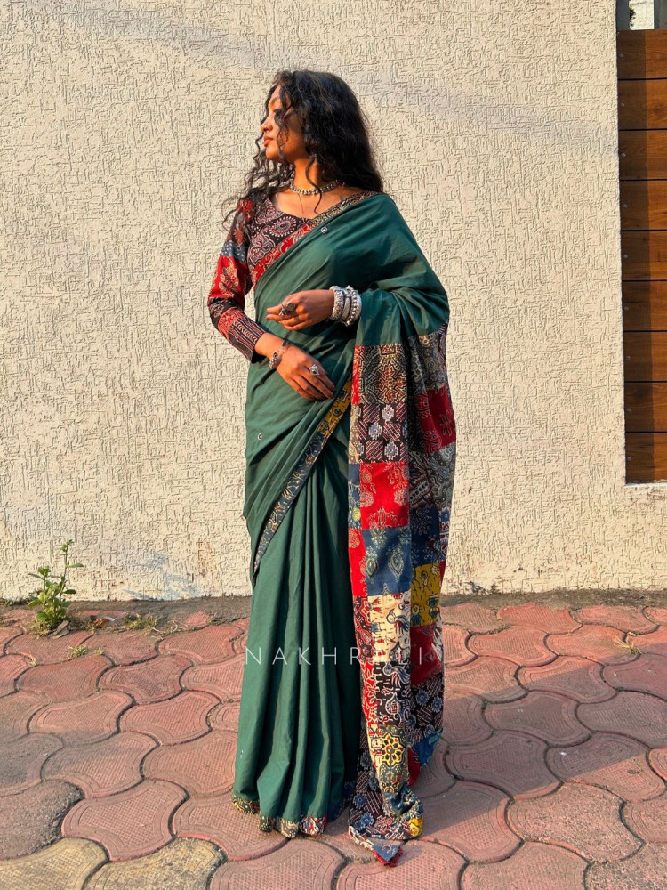 Image of Sootra Green Cotton Saree with Patchwork Border
