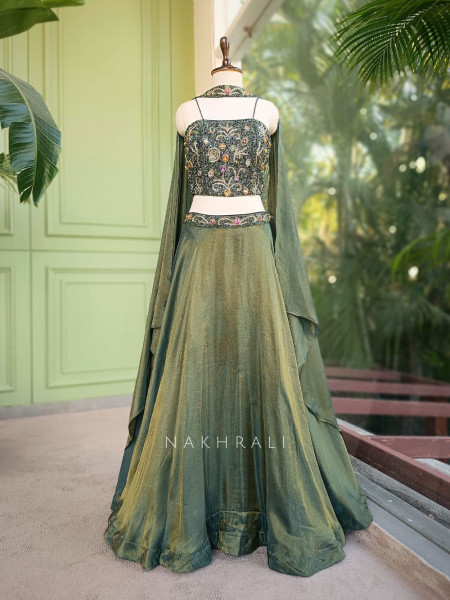 Urban Flare Green Indo-Western Lehenga Set with Cut Dana and Stone Work