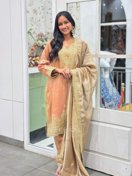 Zaynah Peach Suit Set with Zari Sequin Work