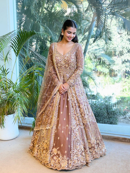 Khwaab Brown Achkan Lehenga Set with Cut Dana and Sequin Work