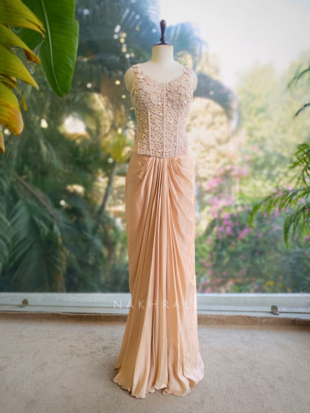 Rishika Beige Corset Style Indo Western Set with Choker Dupatta