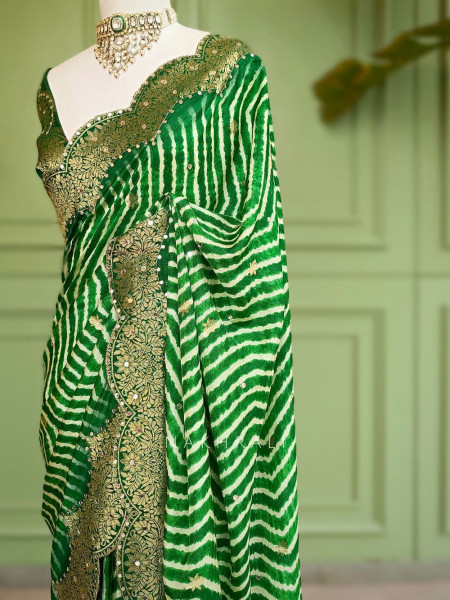 Prathmika Green Pure Georgette Saree  Leheriya Gota Patti Work
