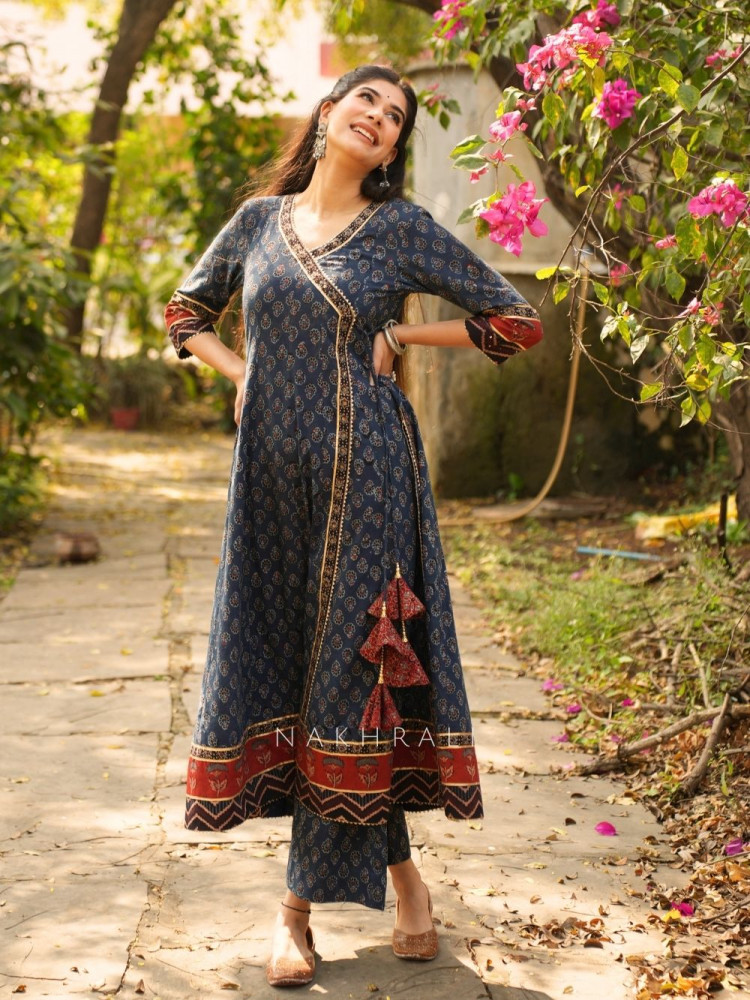 Image of Mirza Blue Angrakha Cotton Kurta Pant Set