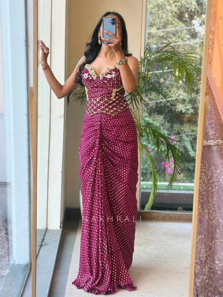 Artifact Wine Indo-Western Corset Crop Top & Pre-Draped Skirt