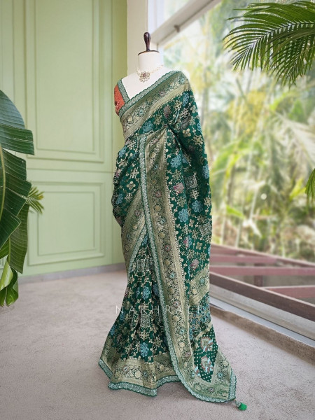 Anant Bindu Green Bottel Bandhani Print Saree with Sequin Border