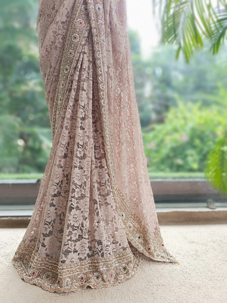 Lunara Beige French Chantilly Lace Designer Saree with Readymade Blouse