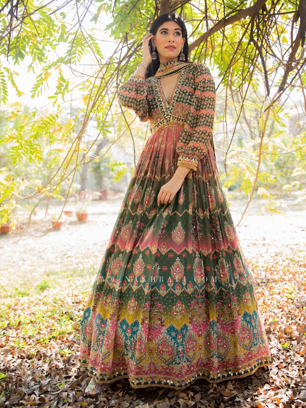 Wafaa Green Printed Anarkali Suit Set Wafaa Green Printed Anarkali Suit Set