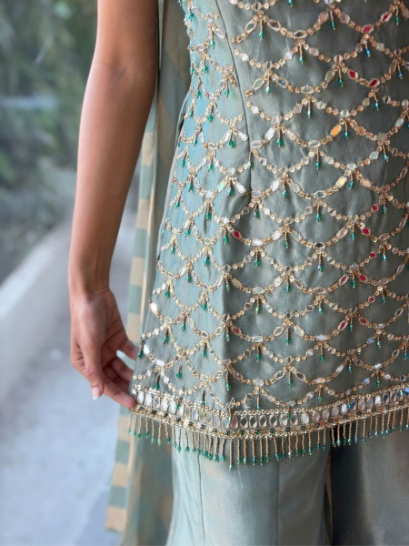 Serenade Sea Green Chanderi Silk Sharara Suit Set