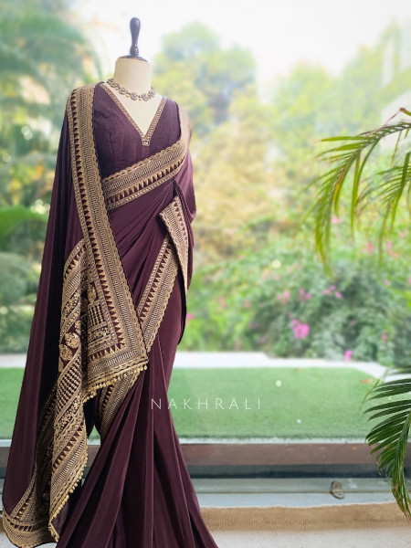 Surmai Shaan Brown Designer Saree with Readymade Blouse
