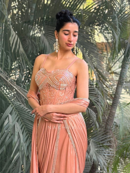 Noir Diva Peach Drape Saree with Sequin and Cut Dana Work