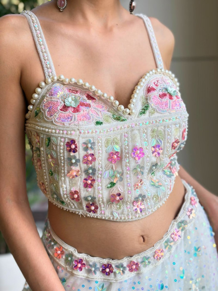 Evara White Sequin & Bead Embellished Lehenga Set