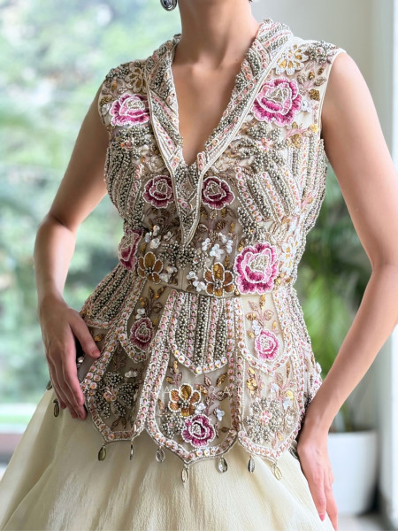 Linear Eden Cream Georgette & Tulle Net Lehenga