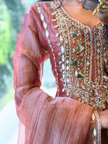 Evara Brown Tissue Anarkali Suit Set with Mirror and Gota Work