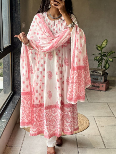 Nerith Pink Cotton Suit Set with Floral Block Print