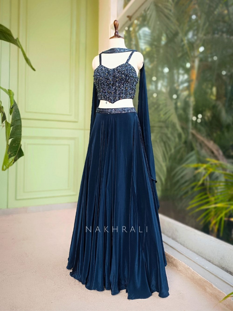 Image of Meadow Navy Blue Lehenga Set with Beads and Sequin Work