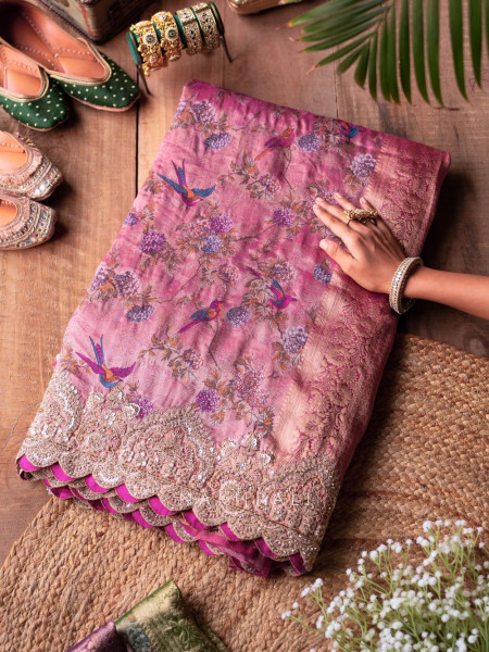Song of Meadows Pink Saree with Zari and Stone Embroidery