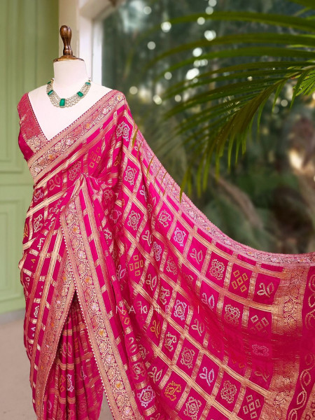 Rangriti Magenta Bandhani Saree with Gota Border