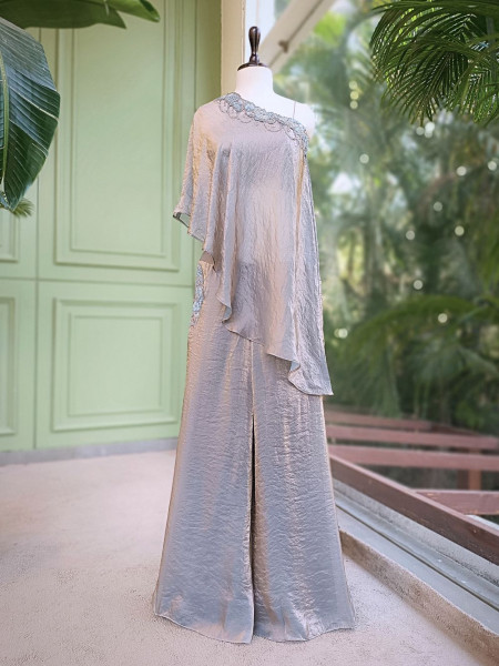 Leoria Grey Satin Indo Western Palazzo Set with Beaded Off Shoulder Top