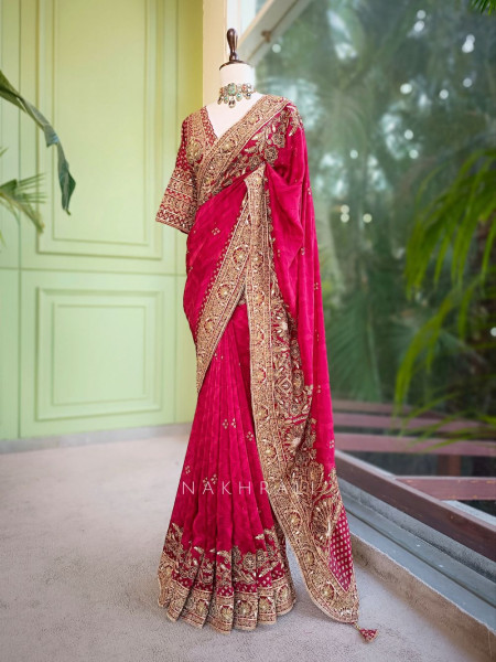 Virasat Maroon Crepe Saree with Heavy Embroidery and Readymade Blouse