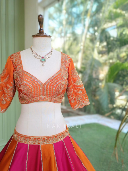 Nishika Rani Pink & Orange Silk Satin Lehenga