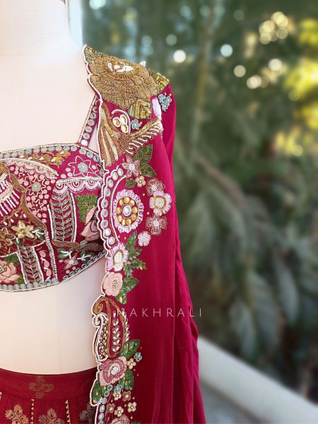 Riva Maroon Indowestern Lehenga Set with Embroidered Cape