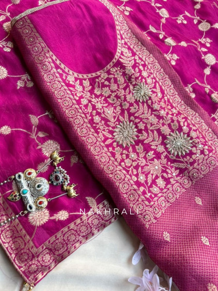 Koshika Magenta Banarasi Woven Silk Dress Material