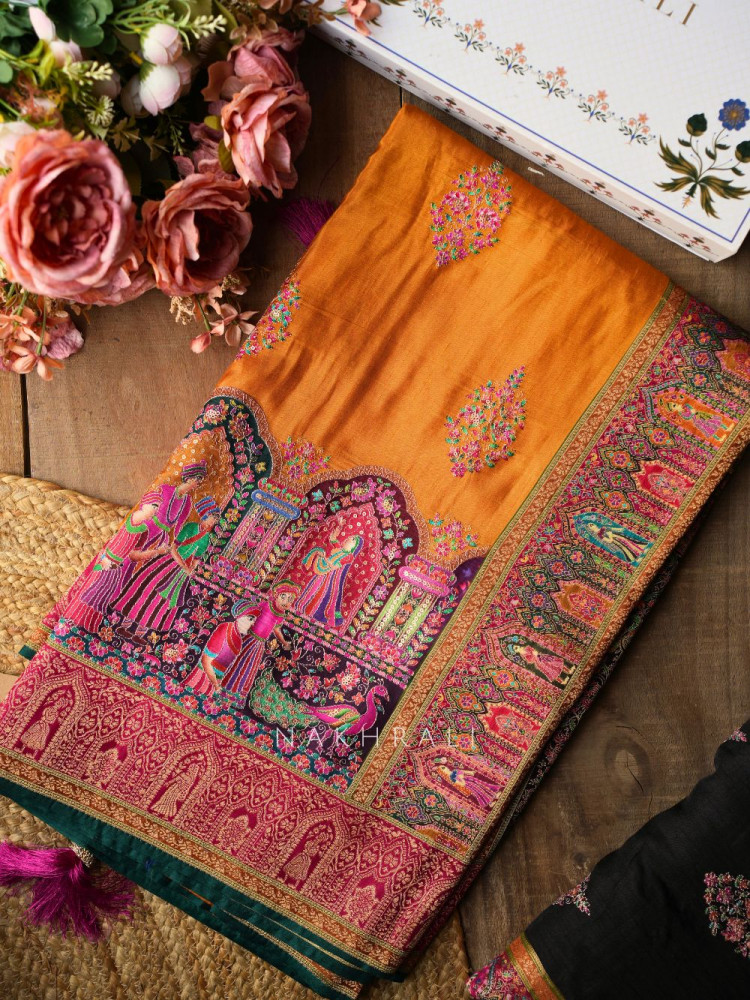 Image of Sarovar Mustard Woven Motif Saree with Traditional Border