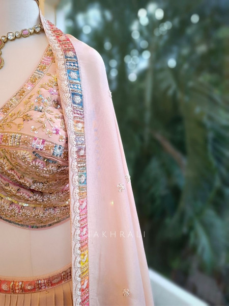Elara Peach Embroidered Net Lehenga