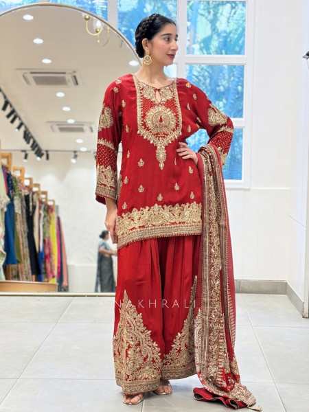 Gulnaaz Red Silk Kurta Salwar Set with Peacock Zardozi & Gota Patti Work